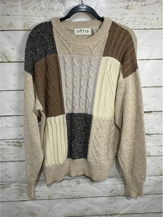 Orvis Vintage Cable Knit Sweater Mens Crewneck Brown Size Medium 100% Cotton