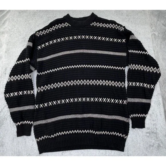 VINTAGE Jantzen Sport Sweater Mens Large Black White Cotton Knit Pullover 90's