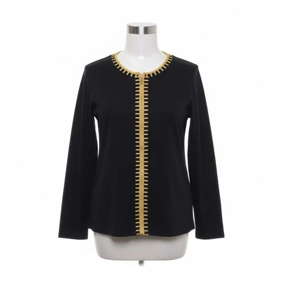 Bobbie Brooks‎ Cardigan Black Gold Full Zip Top M Sparkle Shimmer Glam Statement