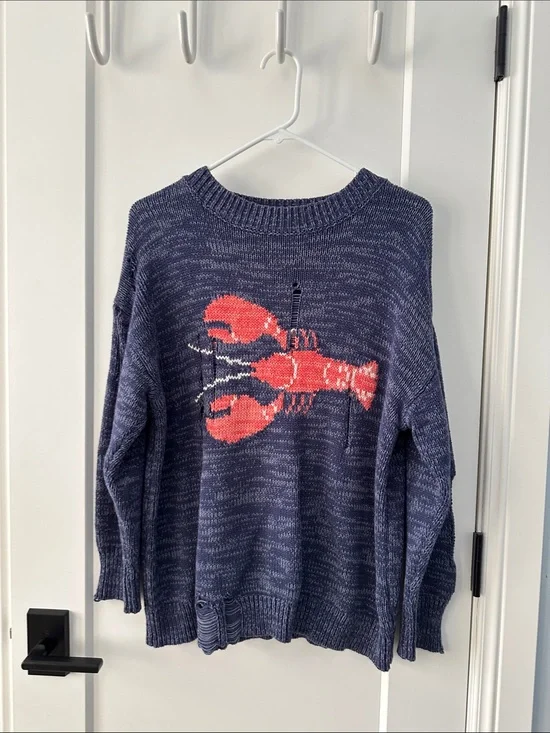 Navy Sweater with Coral Lobster Motif