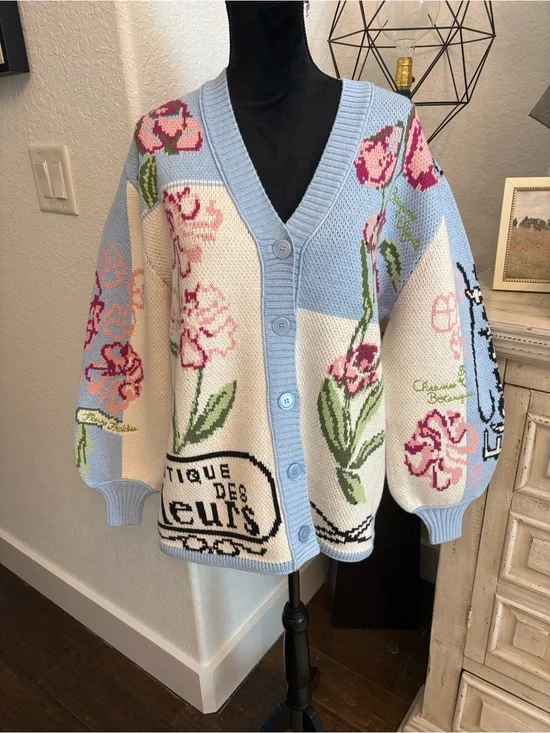 Anthropologie Floral Patchwork V-Neck Cardigan Sweater - Light Blue / Cream
