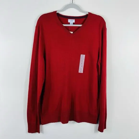 Old Navy Sweater Men's Large Red Everyday V-Neck Cotton Blend Pullover