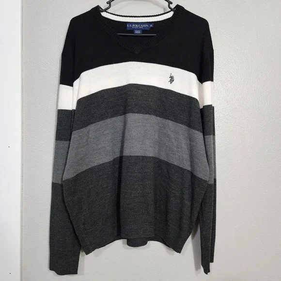 U.S Polo Assn‎ Acrylic Gray Black White Striped Men's V-Neck Sweater Size XL