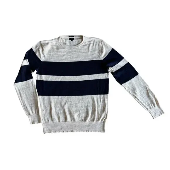J.Crew Men L Slim Cream Navy Blue Striped 100% Cotton Crewneck Sweater