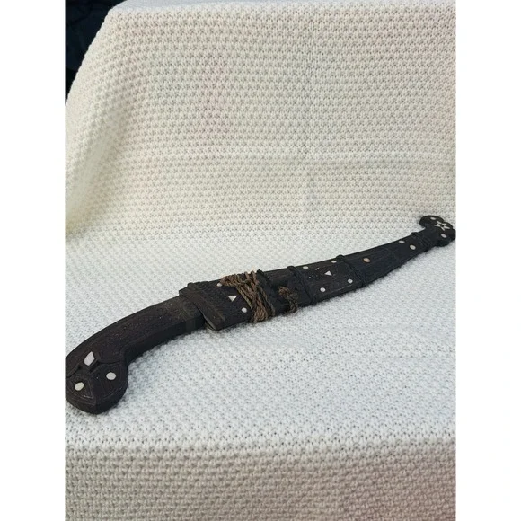 Vintage Filipino Bolo Knife Carved Wood Scabbard Curved Steel Blade Tribal Knife