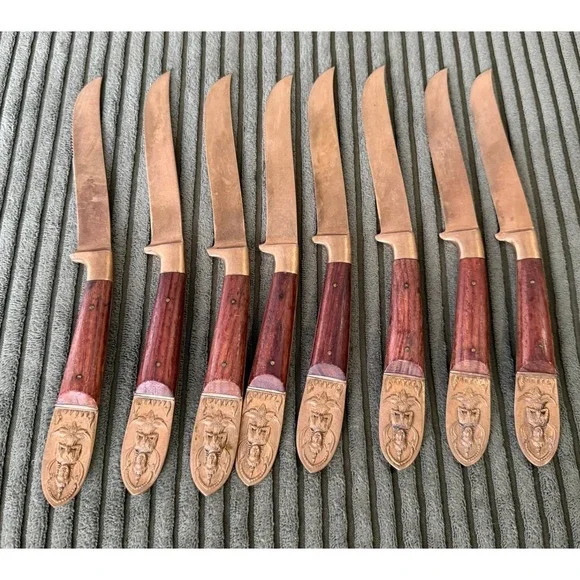 Vintage Set of 8 Beng Hwa Made in Siam Brass Handle Wood Blade‎ Steak Knives MCM