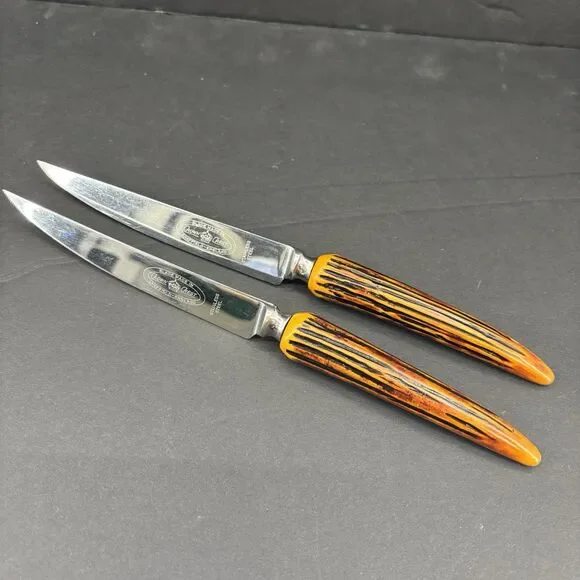 Vintage Crown Crest Sheffield England Stainless 2 Steak Knives Faux Stag‎ Antler
