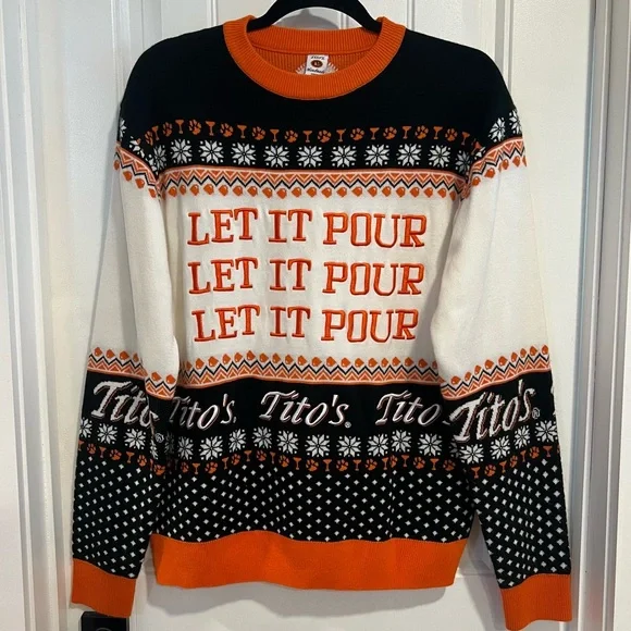 Tito's Festive Christmas Sweater with Black &‎ Orange Accents. Size Medium.