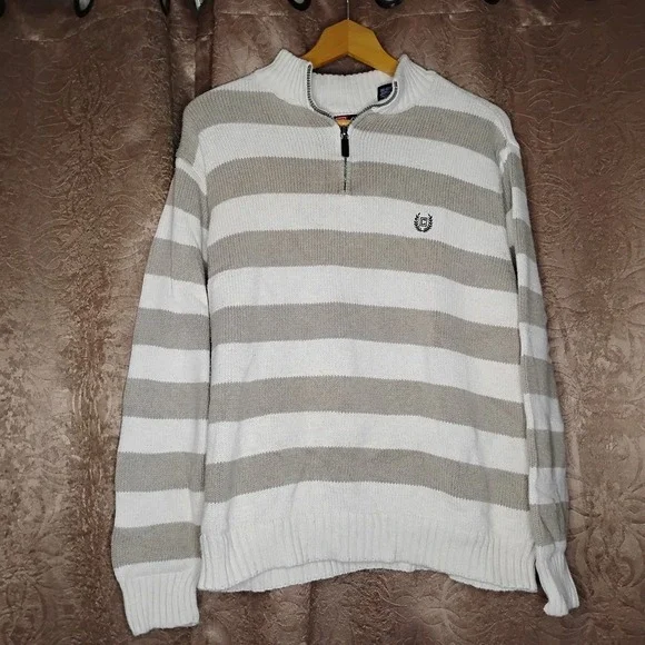 Chaps Men's 1/4 Zip‎ Striped Sweater Creme Beige Tan XL Extra Large -8