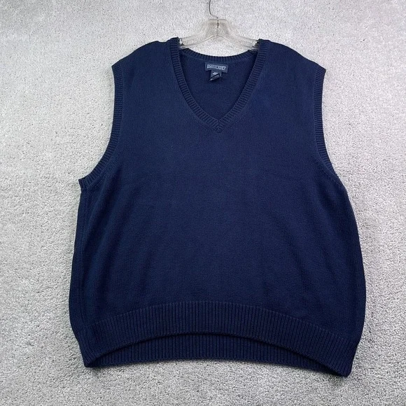 Vintage Lands End Sweater Vest Mens Large Navy Blue Knit V Neck Pullover USA‎