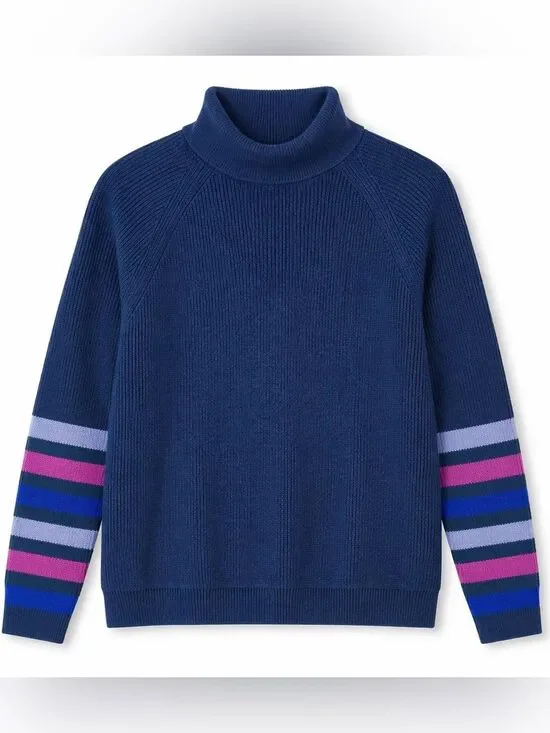 Title Nine NWT Blue Turtleneck Sweater Navy M Striped Colorblock Sleeve Pullover