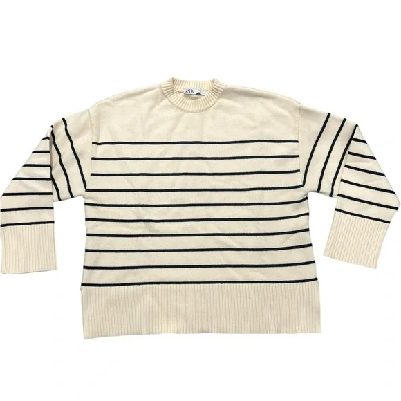 Zara Woman’s Cream and Black Striped Crewneck Sweater size Medium