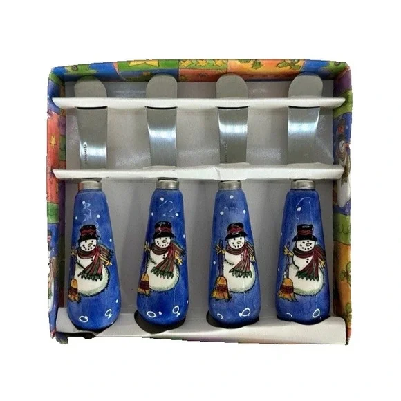 Sango Christmas Snowman‎ Cheese Spreader Knives Stainless Sue Zipkin Set of 4