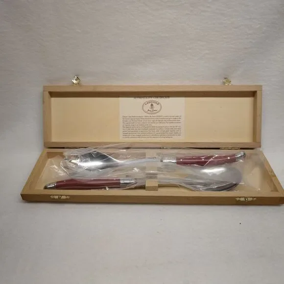 Jean Dubost Laguiole France Salad Server Set Wood Box COA Red Handle Stainless