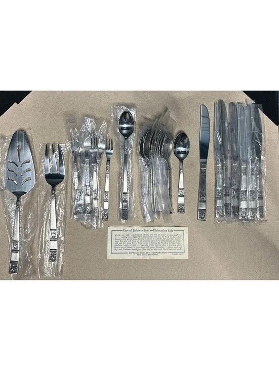 Vintage Mid Century Stainless Steel Flatware Set Japan MCM Geometric Floral 40PC