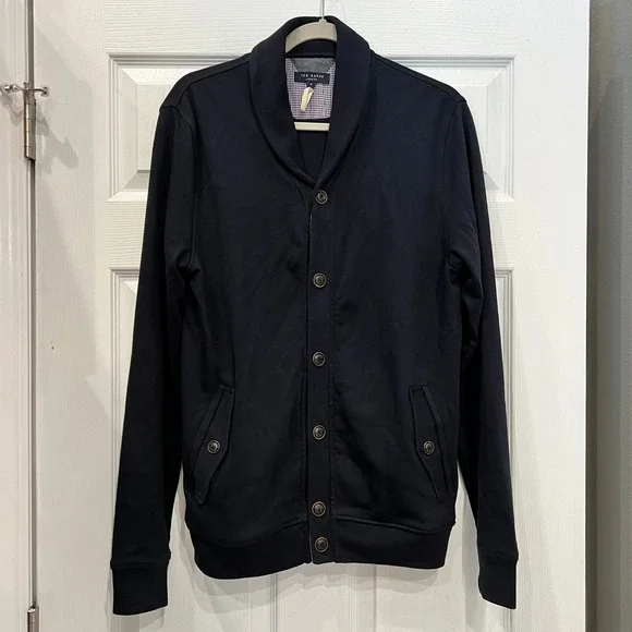 Ted Baker Cardigan Cotton Jersey Navy Blue Shawl Collar Preppy Size 4 L