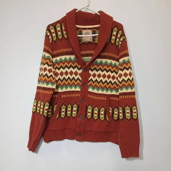 Salt valley medium men rust red brown shawl collar cardigan Southwestern cotton
