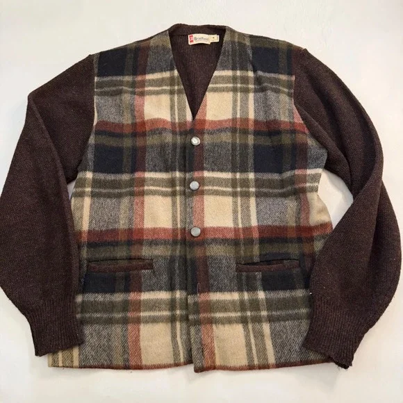 Bradfield Vintage‎ Mens Plaid Wool Cardigan Sweater Brown Green Old Money Core M