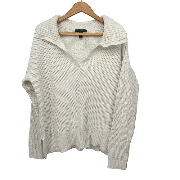 Lauren Ralph Lauren Preppy Sweater White Knit Split Neck Pullover Open Weave LG‎