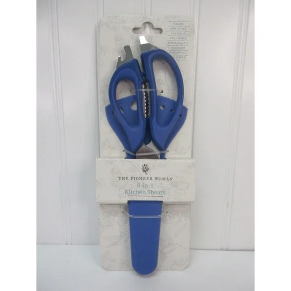 Pioneer Woman Serrated Chef Kitchen Shears 8 in 1 Stainless Steel Blue