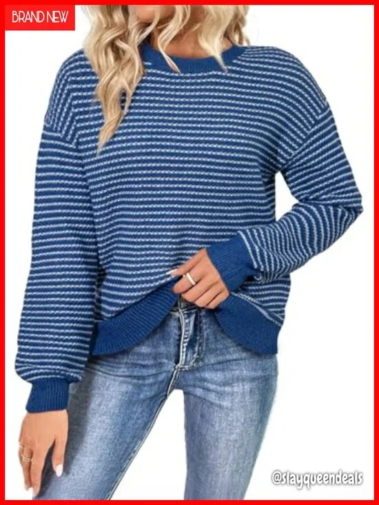 Long Sleeve Crewneck Striped Side Split Pullover Sweater