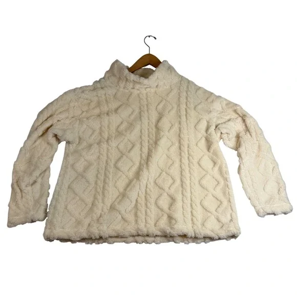 Eddie Bauer Womens XL Cream Sherpa Fleece Cable Knit Embossed Mock Neck Pullover