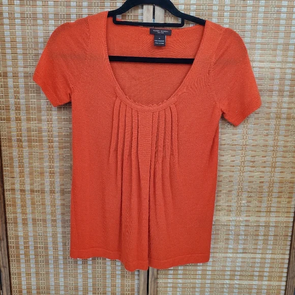 ♧ Henri Bendel Orange Cashmere Pleated Scoopneck Short Sleeve Sweater Size Small