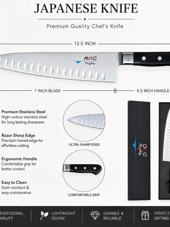 Japanese Style MAC MTH-80 Pro Series 8'' Chef's Kitchen Knife w/Dimples 200mm US