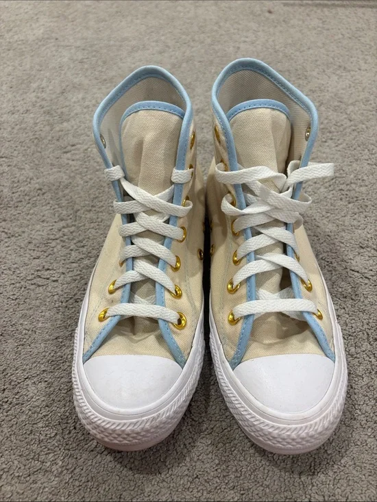Converse Cream High-Top Sneakers with Light Blue Trim and Gold hardware (no box)