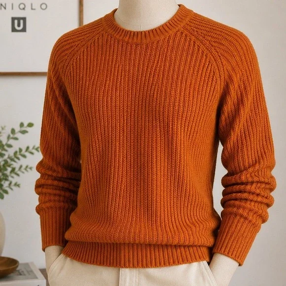 Uniqlo U Mens Sweater Burnt Orange Chunky Knit Cotton Crewneck‎ M