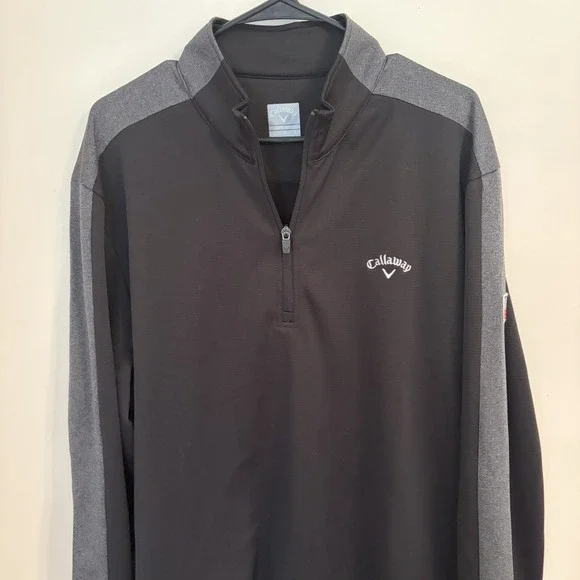 Callaway Golf 1/4 Zip Sweater Mens Large Black Gray Pullover USA Flag Patch