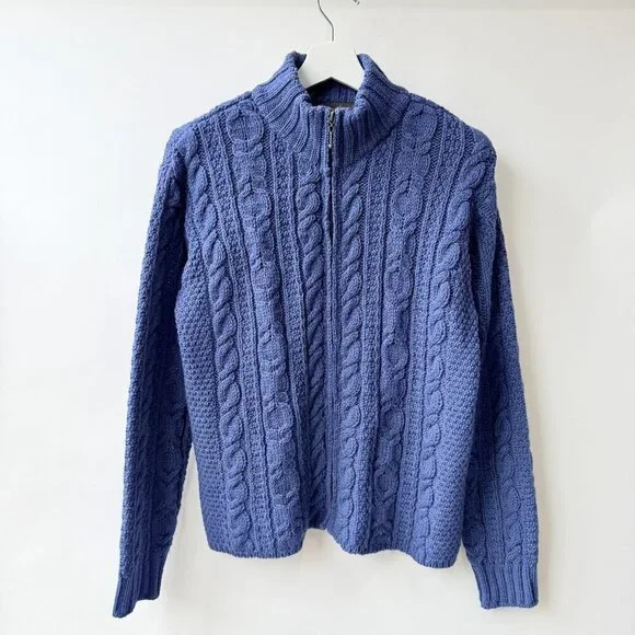 Inis Crafts Blue Fisherman Cable Knit Zip Cardigan Sweater Size M D52