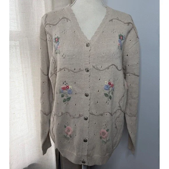 90s Vintage Northern‎ Reflections Floral Embroidered Cardigan Sweater Medium