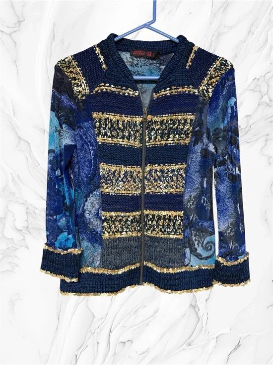 Lulu-H Paris cardigan features a blue patchwork knit design with gold accents M