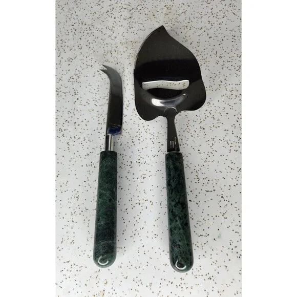Chrome Steel Pier 1 Green Marble Stone Handle Cheese Slicer & Cheese Knife Lot