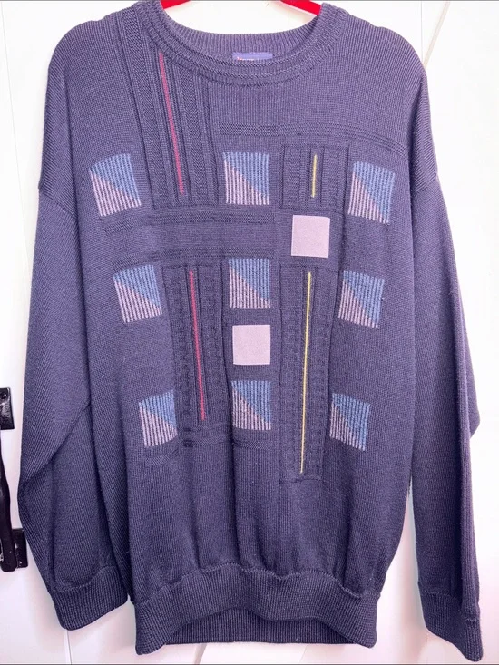 Men's Crewneck Sweater with Geometric Inset - Purple