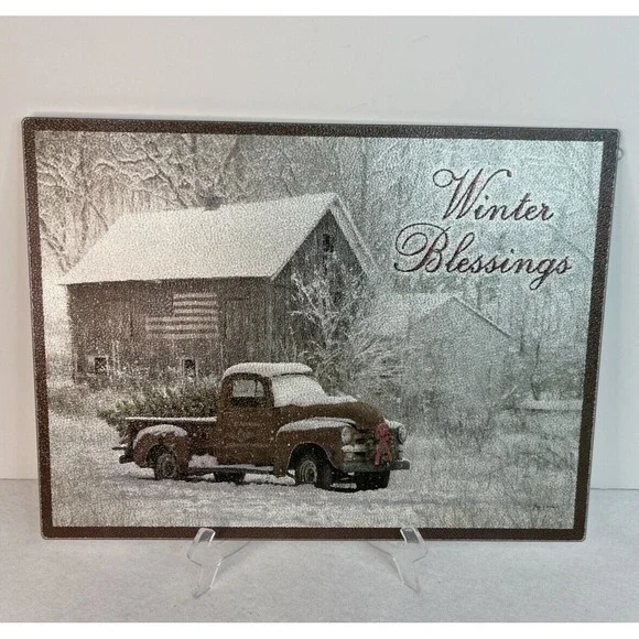 Tempered Glass Cutting Board, 12 by 16 Inches Vintage Truck Winter Blessings