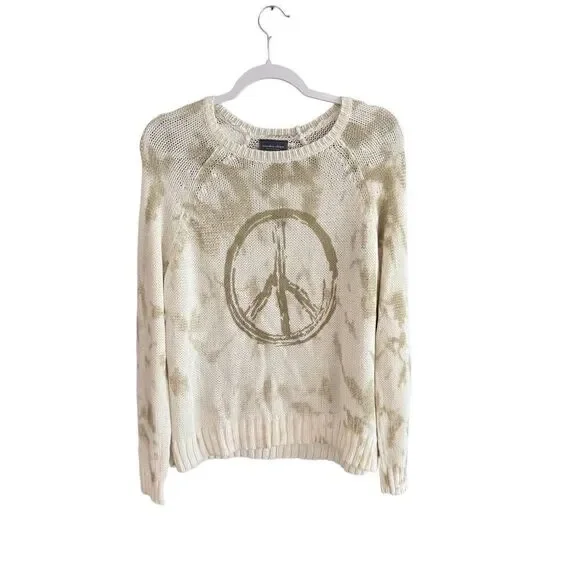 Wooded Ships Womens Beige Tie-Dye Peace Sign Raglan Pullover Sweater Size Medium