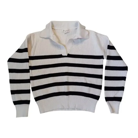 Marled white knit black striped collar‎ rugby pullover sweater SIZE M