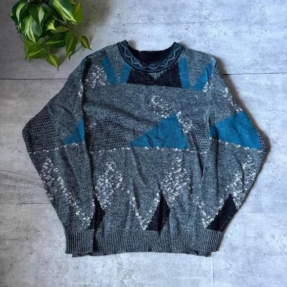 90s XSTATX blue and gray geometric knit surf stussy type sweater