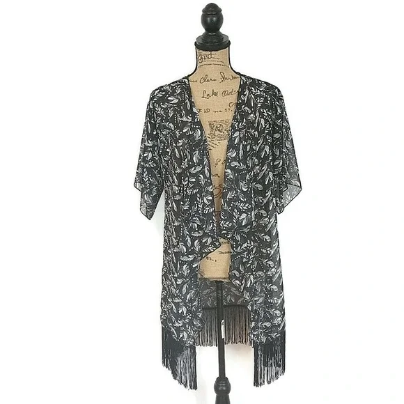 LuLaRoe Kimono Cardigan Womens S Black Feather Print Fringe Trim Sheer Boho