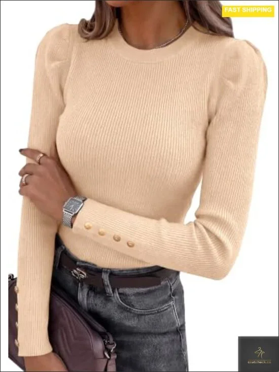 Crew Neck Puff Sleeve Ribbed Knit Fall Sweater Pullover