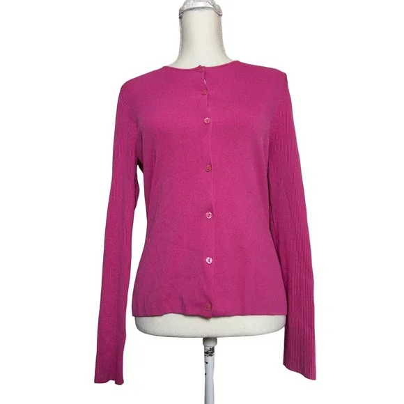 Pink Ribbed Button‎ Up Knit Cardigan Long Sleeve Chic Casual Preppy Women's M