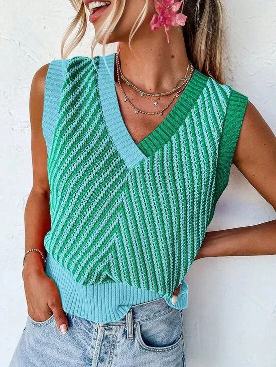 Green Casual Women's Striped V-Neck Sleeveless Knit Vest
