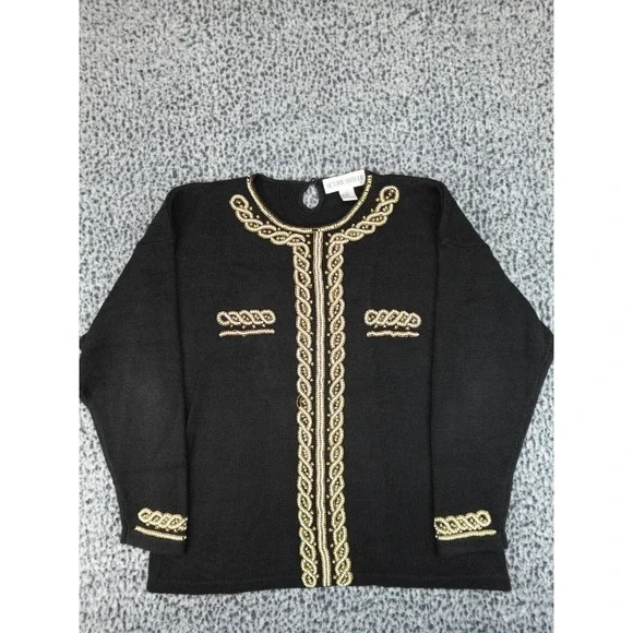 Victoria Harbour Beaded Sweater Womens Large‎ Black Gold Faux Pearl Ramie Cotton