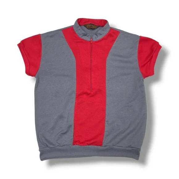 Vintage HUK-A-POO 1/4 Zip Mesh Red & Gray Short Sleeve Sweater Size L