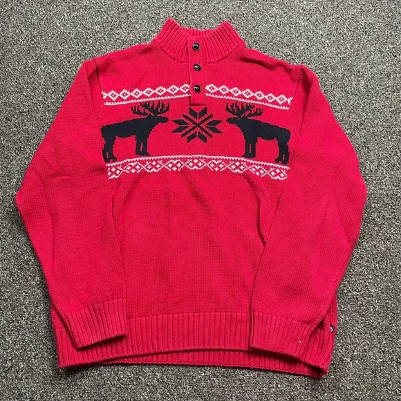 Chaps Mens Red Fair Isle Moose Snowflake Quarter Button Mock Neck Sweater L