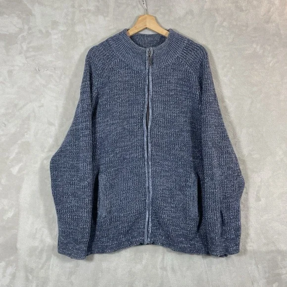 LL Bean Mens XXL Blue Cotton Shaker Stitch Full Zip Mock Neck Cardigan 298244