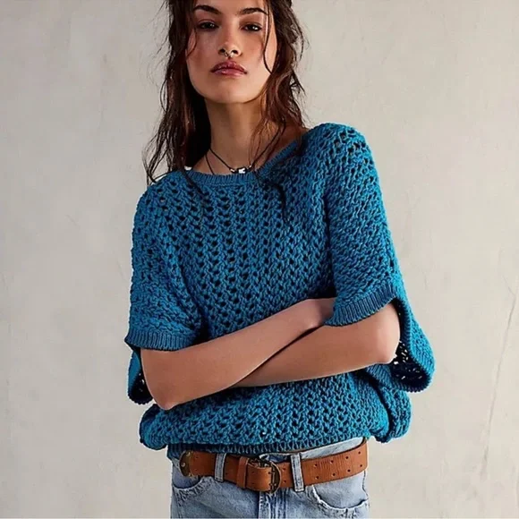 FREE PEOPLE WE THE FREE OCEAN PALACE BLUE SOPHIA SWEATER TEE TOP SZ XS