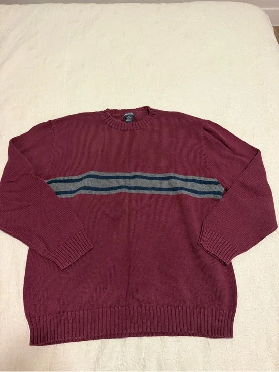 Cherokee Burgundy Crewneck Sweater with Gray and Navy Stripes